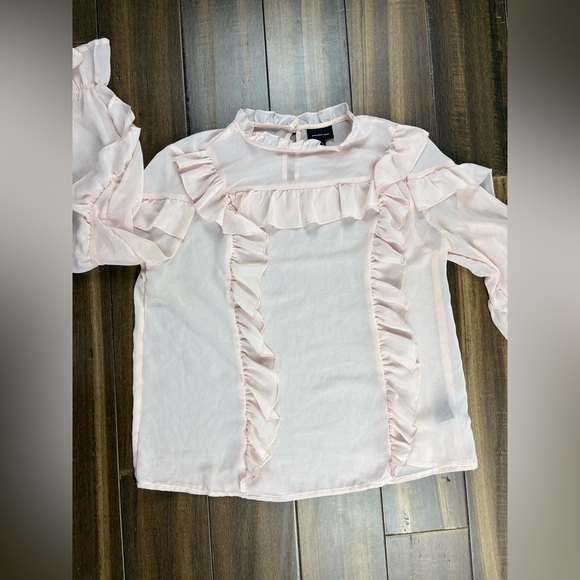 Sheer Pink size S Ruffle Mock Neck Blouse Top Long Sleeve Balloon Sleeves Cuff - Picture 3 of 8